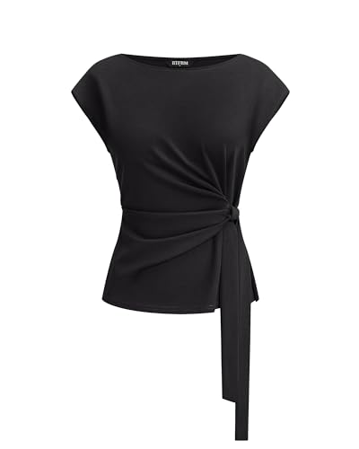 BTFBM Women Blouses Summer Cap Sleeve Crew Neck Work Shirts,S,Black